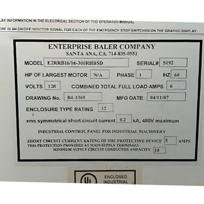 USED 2007 ENTERPRISE BALER COMPANY E2RRB16/16-300RHBSD