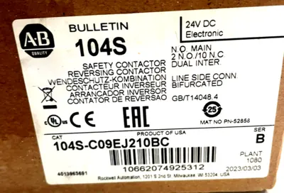 ALLEN BRADLEY 104S-C09EJ210BC SAFETY CONTACTOR SER. B 104SC09EJ210BC NEW, SURP