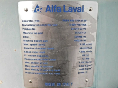 Used Alfa Laval FOPX 609 TFD 2460 Disc Stack Centrifuges Ohio US | Equipment Recovery Corp. #1331318