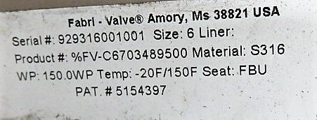 Fabri-Valve 6"-150 Knife Gate Valve , Hand Wheel Operated , 316ss, Unused
