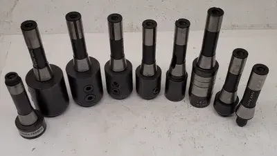 R-8 SOLID HOLDERS SET OF 9 - VARIOUS SIZES AND TYPES (END MILL HOLDERS, STUB, ARBOR)