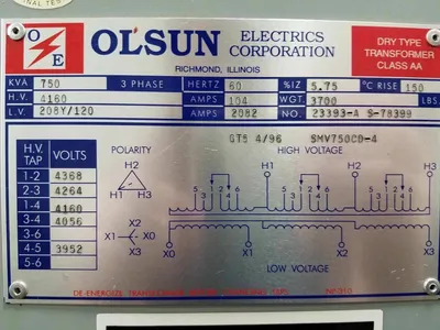 750 KVA Dry Type Transformer 4160 Delta 208Y/120 Olsun Electrics USED TESTED