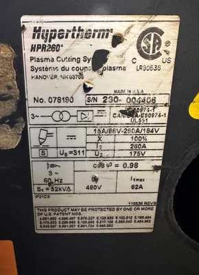 HYPERTHERM HPR260 PLASMA POWER SUPPLY