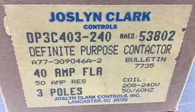 Joslyn Clark DP3C403-240, Definite Purpose Contactor, 40A, 3 Pole 4E-36