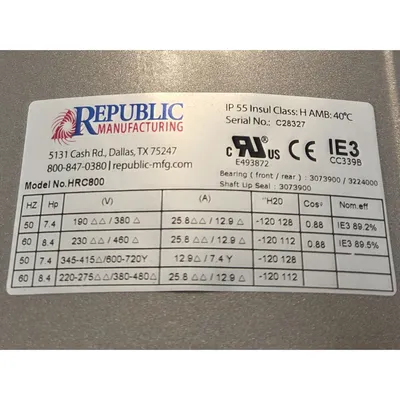 New | in-Stock REPUBLIC MANUFACTURING HRC800 Blowers West Virginia US | JM Industrial #1332429