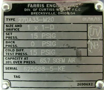 NEW FARRIS ENGINEERING 27DA33-M20 RELIEF VALVE 15PSI 1 x 1-D 27DA33M20