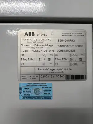 VFD MCC ACS607-0610-6-00HB120052B, 0-575VAC, 0-300hz, 4 Sections