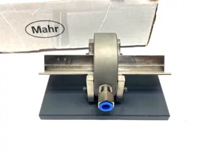 USED MAHR DIMENSIONAIR 2-JET AIR RING GAUGE W/ GUIDE CHUTES & BASE PLATE
