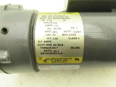 Baldor GCP24134 Parallel Gear Motor 30:1 Ratio 45/55rpm 115V 1PH 1/2"Shaft