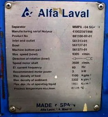 (2) Alfa-Laval MMPX 404 SGP-11 oil purifiers, 316SS.