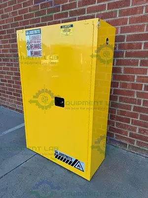 USED JUSTRITE 45 GALLON FLAMMABLE LIQUID STORAGE CABINET W/ SOFT CLOSE DOORS KEY