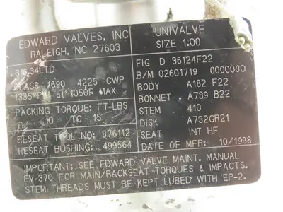 Edward D36124 Univalve Globe Valve Y-Pattern 1" Socket Weld 1335psi Class 1690