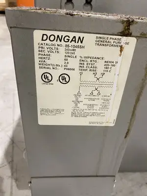 USED DONGAN 3P 15KVA 4480/208~120 WITH DONGAN 85-1045SH 1P 240X480/120/240