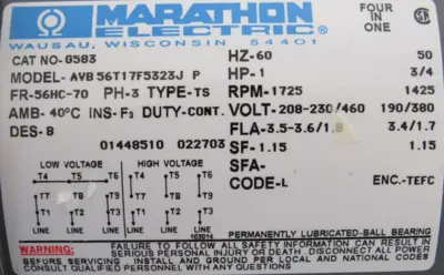 NEW MARATHON G583 MOTOR 1-3/4HP 208-230/460V 56T17F5323 56HC-70 RPM 1725