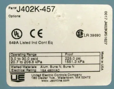 NEW UNITED ELECTRIC J402K-457 PRESSURE SWITCH 3-30 PSI J402K457