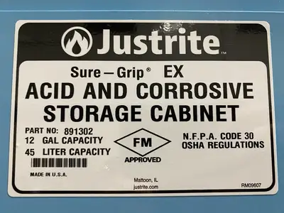USED JUSTRITE SURE-GRIP EX ACID AND CORROSIVE STORAGE CABINET 12 GAL / 45L