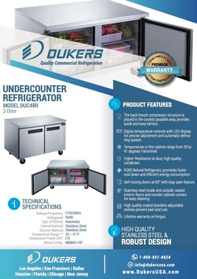 New | in-Stock Dukers New Dukers DUC48R 2-Door Undercounter Refrigerator in Stainless Steel Undercounter Refrigerators Illinois US | Falcon Restaurant Supply #1376261