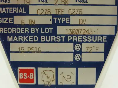 BS&B Safety Systems 1136220. Rupture Disk 6" Type DV 15 psi(G) @ 72°F
