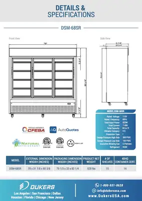 New | in-Stock Dukers New Dukers DSM-68SR Commercial Glass Sliding 3-Door Merchandising Reach-in Cooler Refrigerator Display Refrigerators Illinois US | Falcon Restaurant Supply #1376366