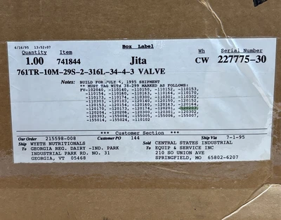New | in-Stock Alfa Laval 761TR-10M-29S-2-316L-34-4-3 Valves/Fittings Indiana US | J&J Industrial Supply #1542780