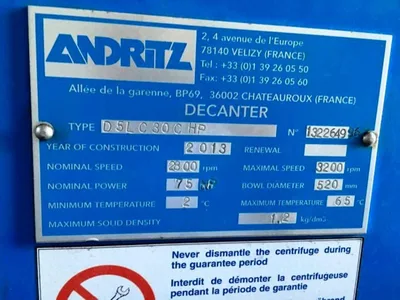 Andritz D5L C30 CHP sanitary decanter centrifuge, 316L SS.
