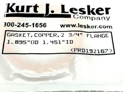 NEW KURT J. LESKER COPPER GASKET 1.895" OD, 1.451" ID, 2-3/4" FLANGE
