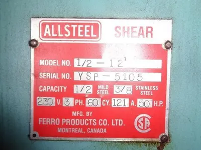 1/2" x 12 ft Allsteel Hydraulic Power Shear Model 1/2- 12