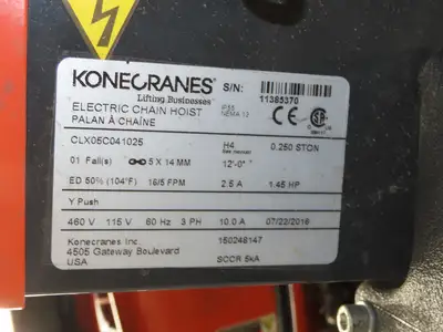 Kone Cranes 1/4 Ton Electric Chain Hoist 16' Lift 16/5 FPM 2 Speed 460 Volt 3PH