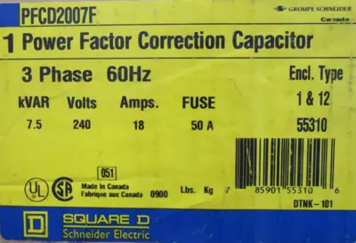 NEW SQUARE D PFCD2007F POWER FACTOR CORRECTION CAPACITOR 7.5KVAR 240V