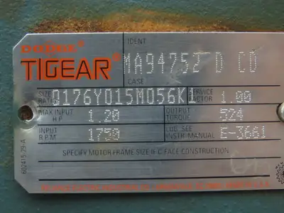 Dodge Tigear Q176Y015M056K1 Worm Gearbox 15:1 Reducer 1.2Hp 117rpm 56C LH Output
