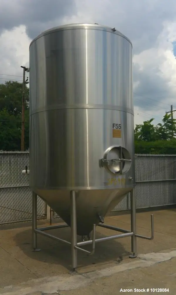 Used 2,000 Gallon SS Vertical Jacketed Tank – Cone Bottom, Dished Top, Manway, Modern Brewing