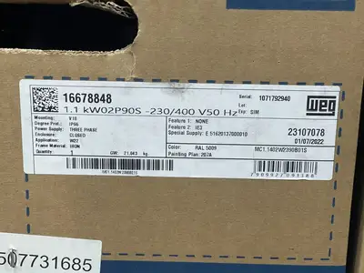 1.5 hp, 230/400 volts, 2880 rpm, 90S Electric Motor