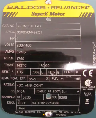 NEW BALDOR VEBM3546T-D BRAKE MOTOR 1HP 230/460V 1760RPM DBSC-VP