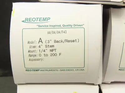 Reotemp AA/04/04/F43 Thermometer 4" Stem 1/4" NPT 3" Back 0-200° F Lot of 6