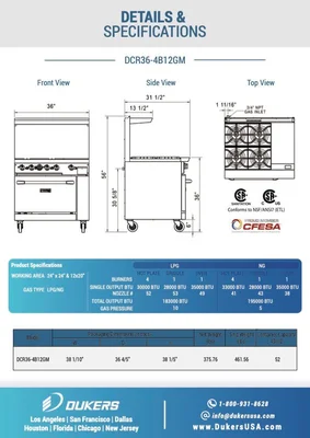 New | in-Stock Dukers New Dukers DCR36-4B12GM 36" Gas Range with Four (4) Open Burners & 12" Flat Top Griddle Commercial Ranges Illinois US | Falcon Restaurant Supply #1376280