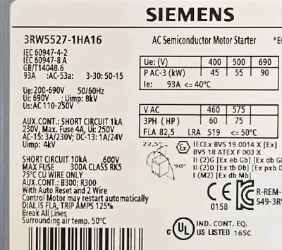 Used Siemens 3RW5527-1HA16 Soft Starter, 93A, 110-250VAC, 200-690V Starters South Carolina US | Palmetto Automation #1158402