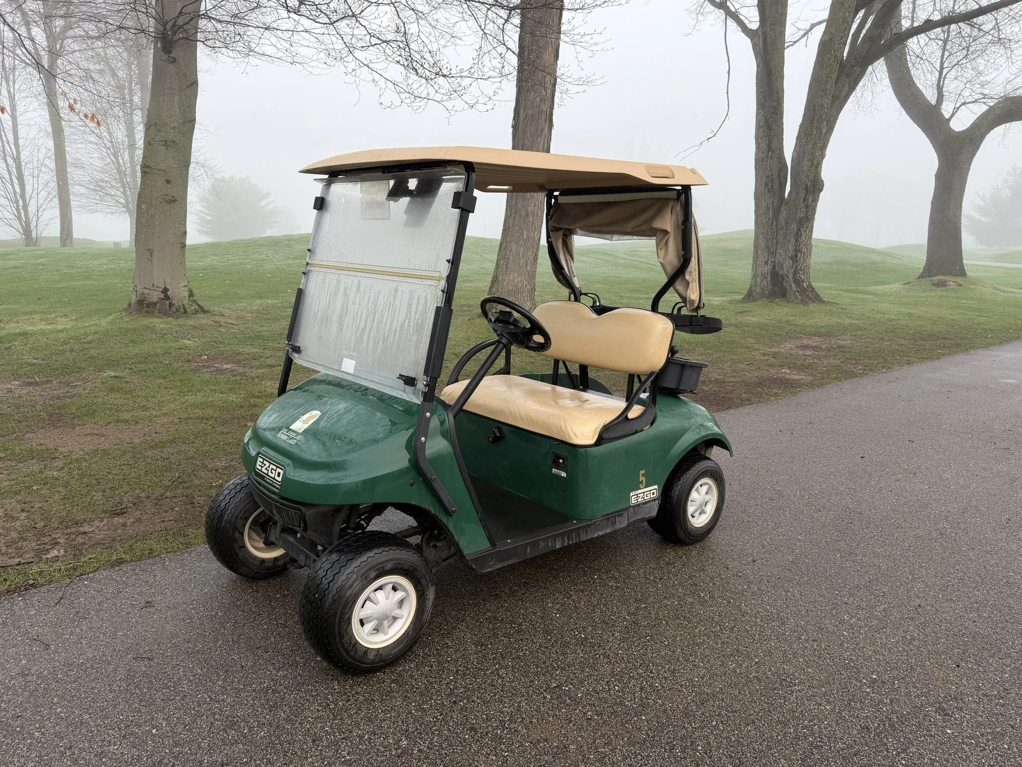 (1) 2015 E-Z-Go golf cart with a Kawasaki gas engine, includes canopy, ball cover, club cover, fold-...