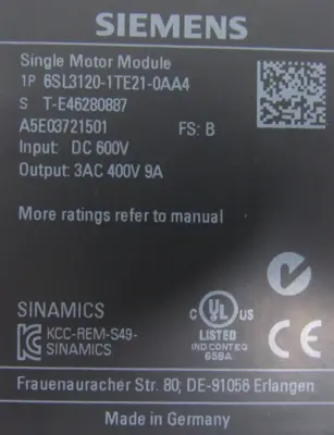 REFURBISHED SIEMENS 6SL3120-1TE21-0AA4 SERVO DRIVE 6SL31201TE210AA4