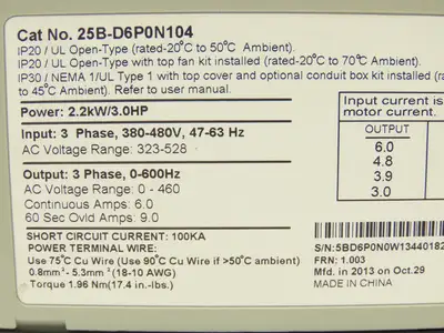 Allen Bradley 25B-D6P0N104 Powerflex 525 3Hp VFD AC Drive 480V 50/60Hz FRN 1.003