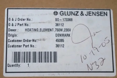 NEW GLUNZ AND JENSEN 36112 HEATER ELEMENT 750W, 230V