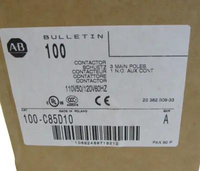 ALLEN BRADLEY 100-C85D10 CONTACTOR SER. A 100C85D10 NEW, SURPLUS