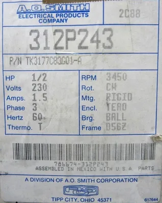 NEW A.O. SMITH 312P243 AC MOTOR 1/2 HP 3450 RPM 1.5A 4 1/4" SHAFT TK3177C83G01-A
