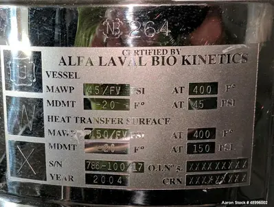 Alfa Laval Fermenter / Reactor, Approximate 40 Liter (10.5 Gallon), 316L-Unused-