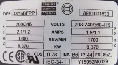 NEW BODINE ELECTRIC 48Y6BFPP MOTOR 208-240/360-415V 8981001833
