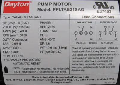 NEW DAYTON PPLTAB21SAG MOTOR 1/2HP 115/230V 23AU09
