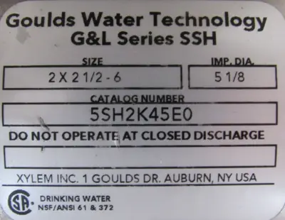 NEW GOULDS 5SH2K45E0 PUMP 7.5HP 2×2-1/2-6 EJMM3709T 213JM