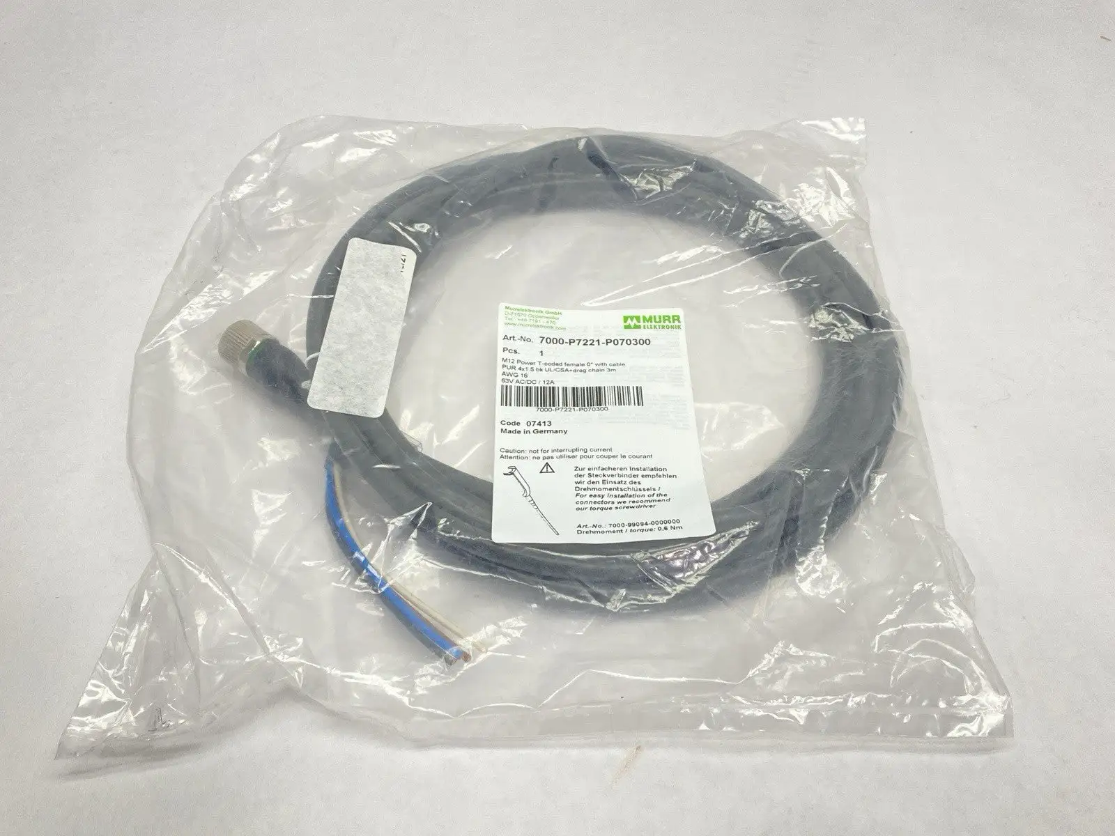 NEW MURR ELEKTRONIK FEMALE M12 POWER CONNECTOR WITH CABLE 3M