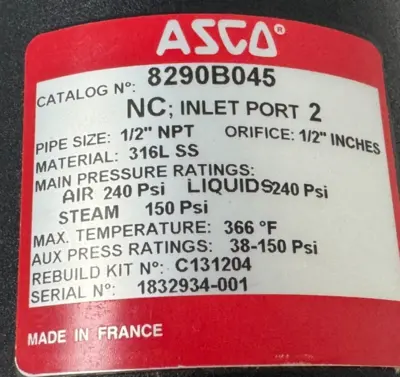 NEW ASCO JOUCOMATIC 8290B045 PISTON VALVE 1/2" NPT