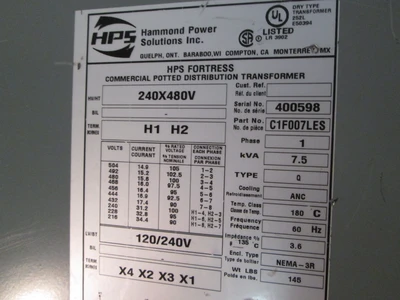 7.5 KVA Hammond Power Solutions Transformer, dry type