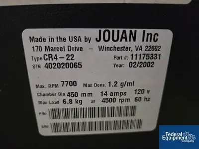 Used N/A Jouan CR 4 22 Refrigerated Benchtop Centrifuge Lab Centrifuges Ohio US | Federal Equipment Company #1080188